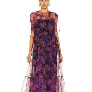 STAUD Hyacinth Crepe Organza Tiered Maxi Dress in Quartz Acid Floral (Small)